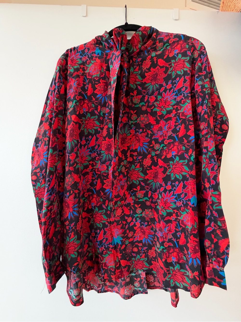 Women’s Red Floral Tie-Neck Blouse